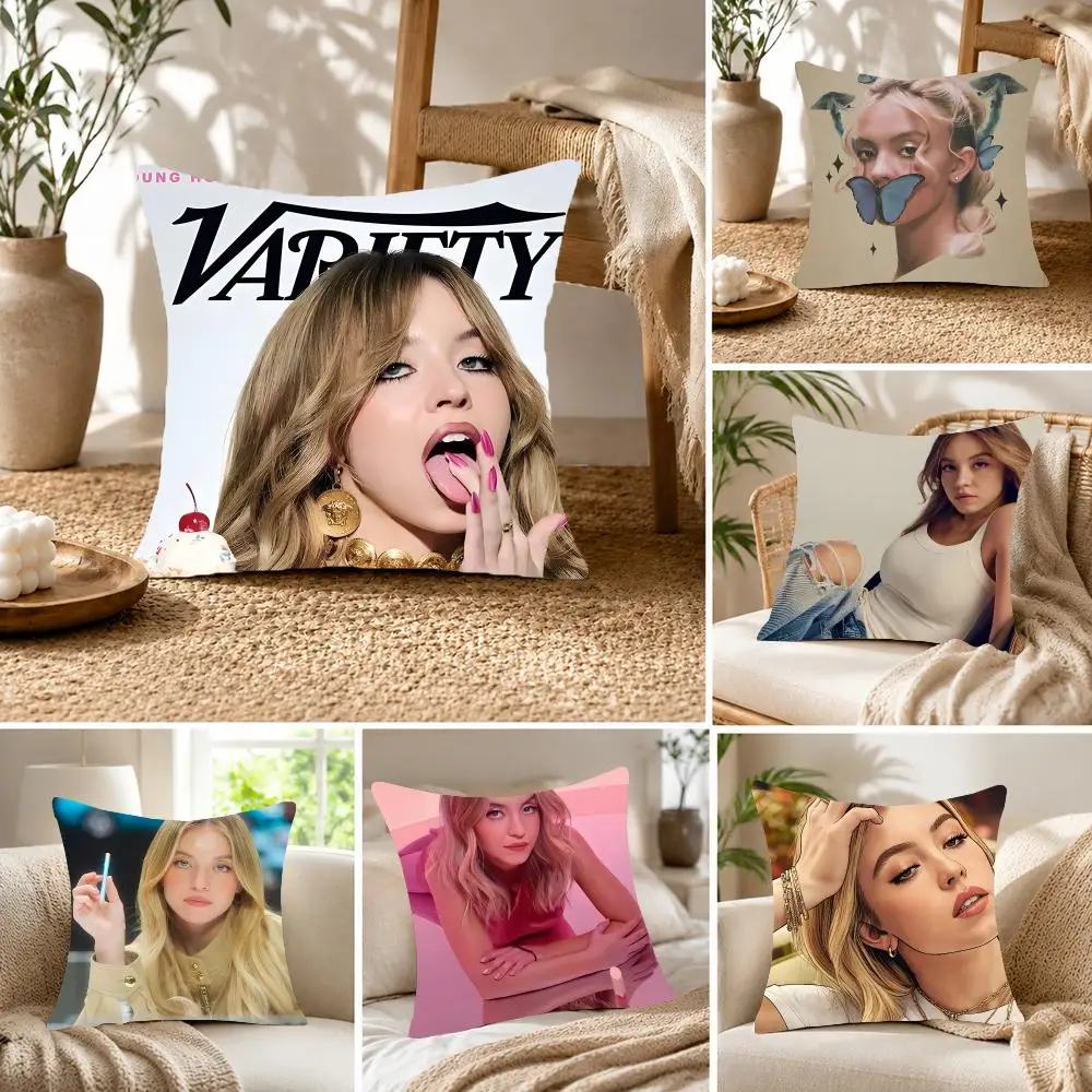 Beautiful actress Sydney Sweeney Cushion Cover Fluffy velvet Nordic style plush Living room sofa decorative