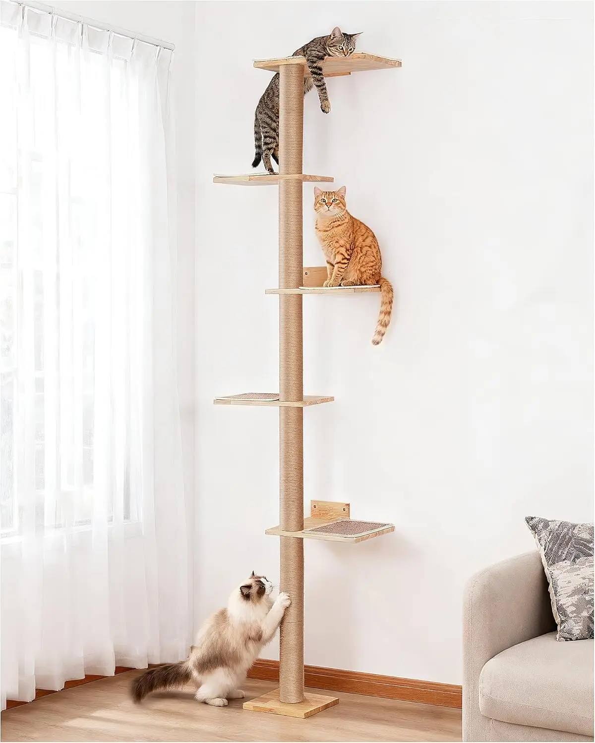 

80in Tall Wall-Mounted Cat Tree with Adjustable Top Perch for Large Cats, Scratch & Climb Station