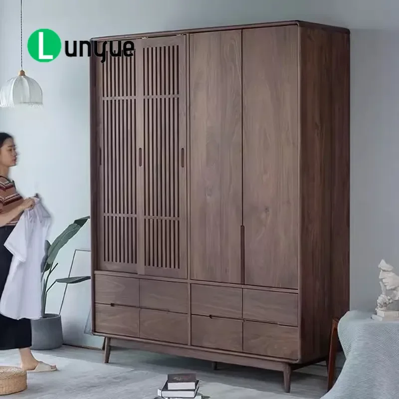 Nordic Simple Solid Wood Wardrobe Black Walnut Cherry White Oak Grille Door Japanese Style Bedroom Storage Cabinet Furniture