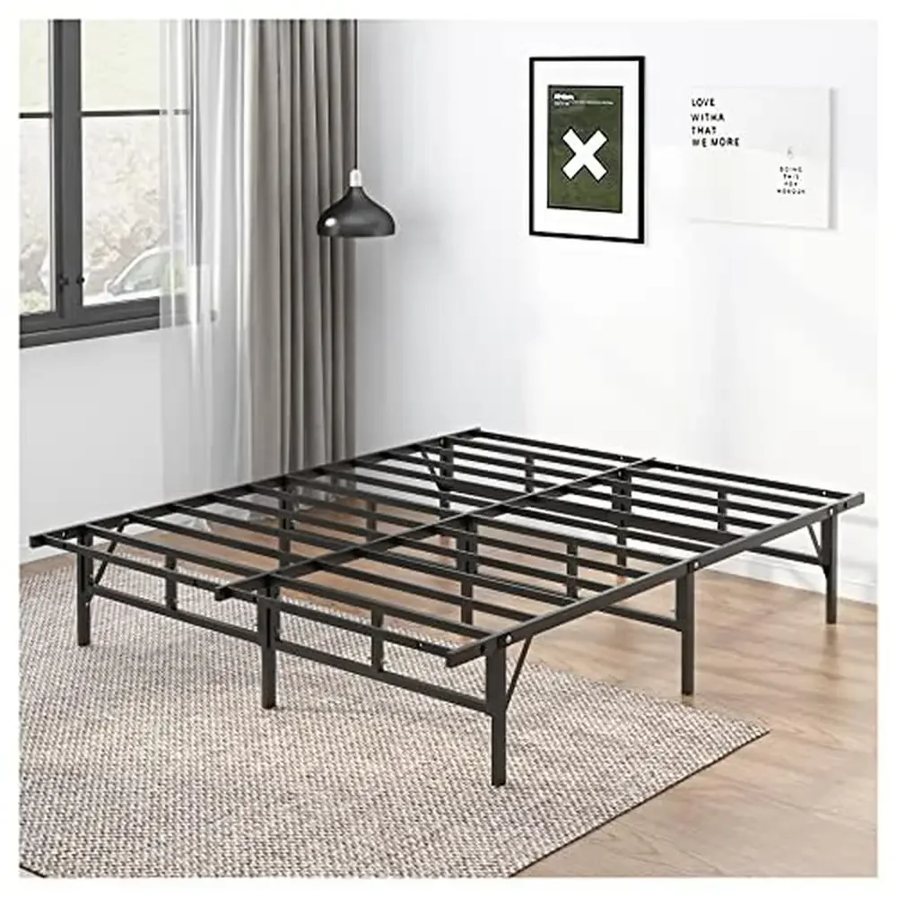 Foldable Metal Bed Frame with Enhanced Support Design Underbed Storage Easy Assembly Full Capacity 1500lbs No Box Spring Needed