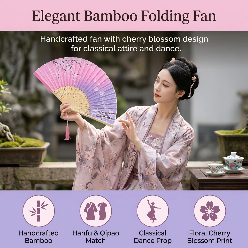 6 Inch Bamboo Folding Fan with Cloth Leaf Handheld Chinese Style Dance Fan Japanese Style Hand Fan for Hanfu Qipao Stage