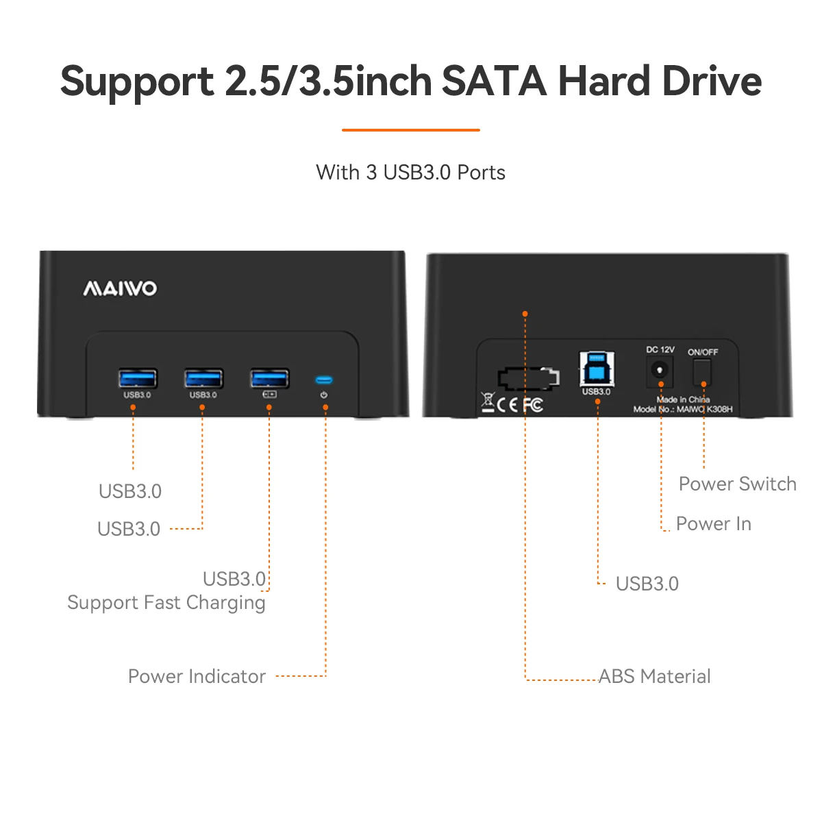 MAIWO HDD 케이스 USB to SATA 도킹 스테이션, 2.5 3.5 SATA HDD SSD용, USB 3.0 포트 2 개, 고속 충전 포트 1 개, 3.5 인치