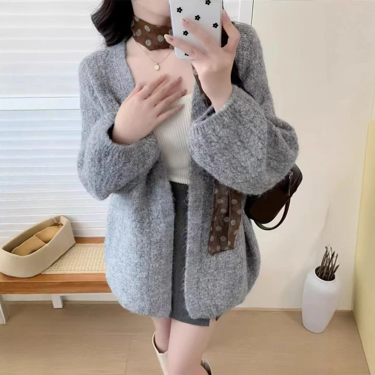 

Mid-Long Cardigans Kawaii Womens Summer Sheer Ribbed Material Knit Boxy Floral Romantic Loose Hippie Decorate Slim-Fitting Daily