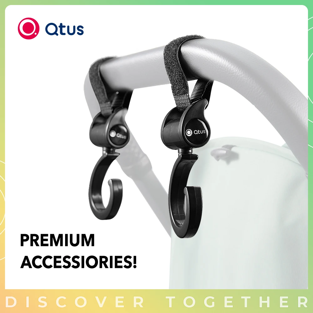 Qtus 360 Degree Rotation Universal Stroller Hooks, Multi Purpose, Cco-Friendly 2 Packs, Black