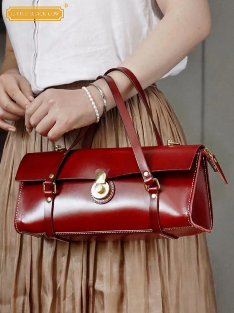 

Office Ladies New Elegant Handbag Buckle Work Single Shoulder Bag Solid Color Genuine Leather Women Vintage Underarm Bag Casual