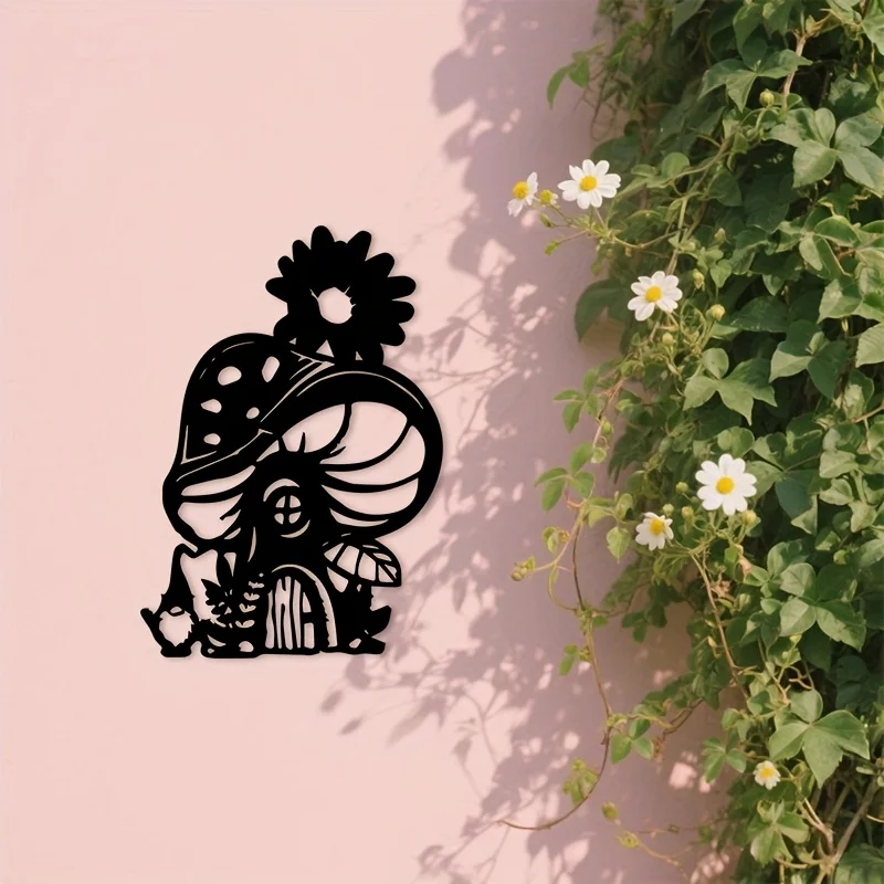 Gnome Mushroom House Metal Wall Art Iron 2D Flat Floral Sculpture Garden Patio Hanging Mural Rustproof Whimsical Decor Gift
