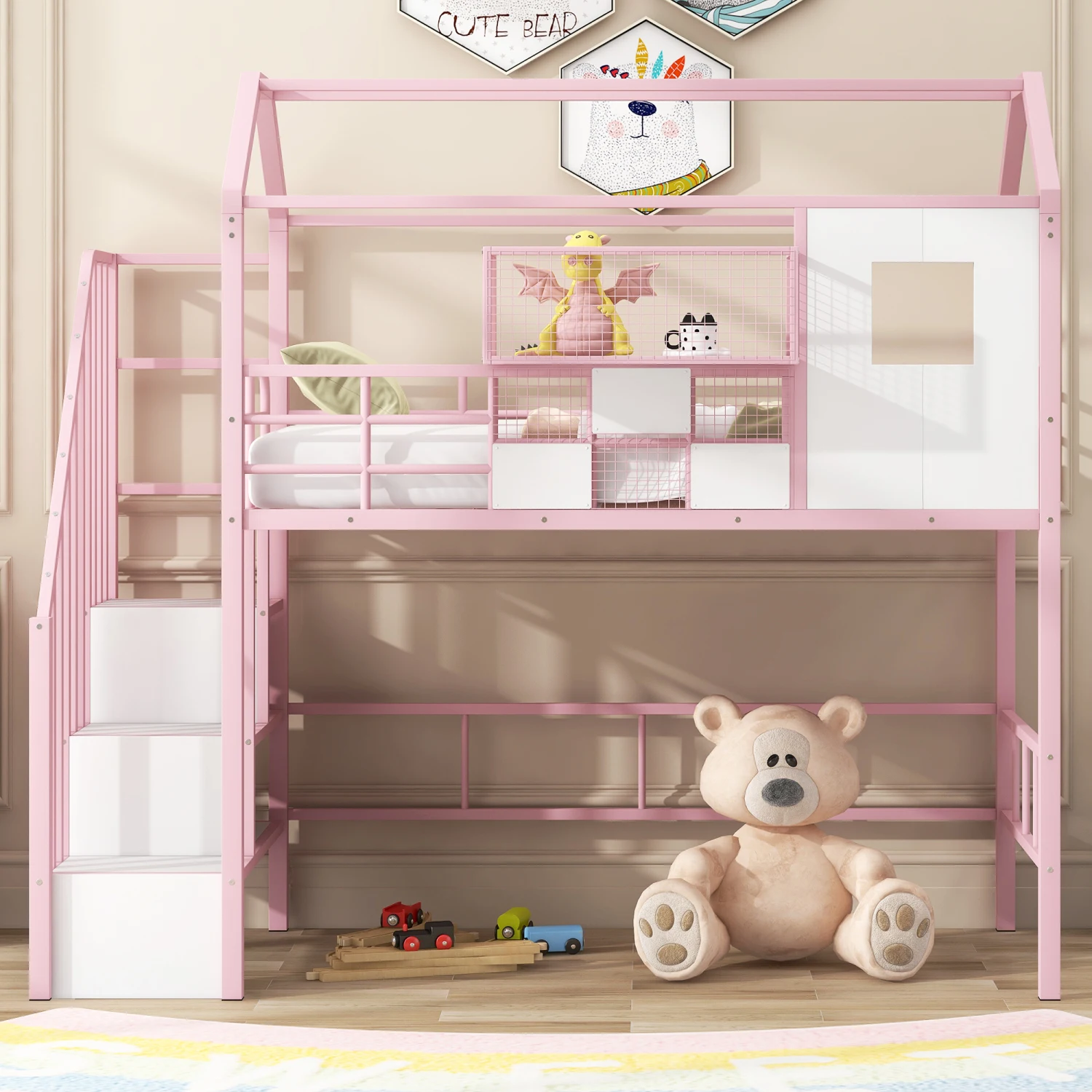 Metal Loft Bed with Roof Design, Storage Box, Twin Size, Pink - Space-Saving and Stylish Bed Frame