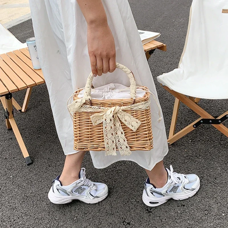 Straw Bags for Women Square Handbags Summer Rattan Shoulder Bags Handmade Knitted Storge Small Totes Bag 2024 New Fashion