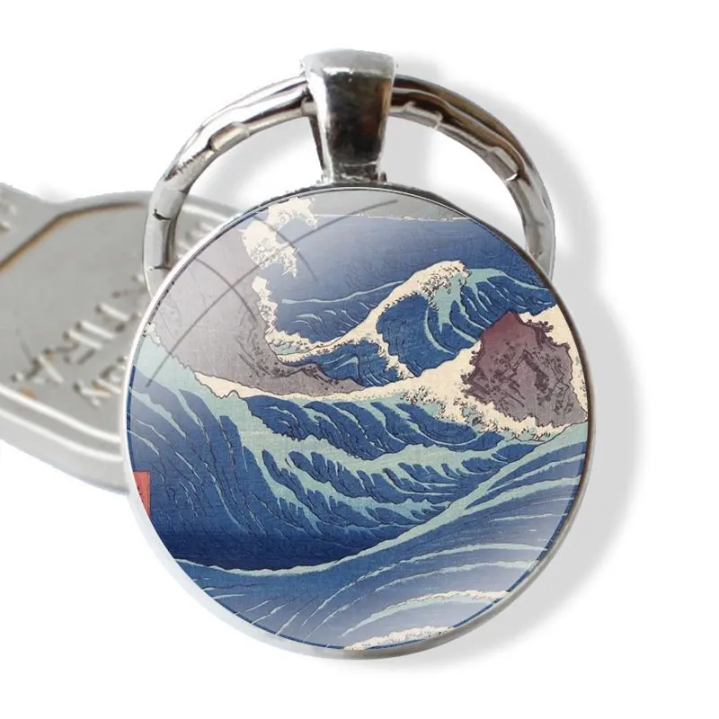 25mm Glass Cabohcon Keychain Key Rings for Women Men Jewelry Gift Hokusai The Great Wave