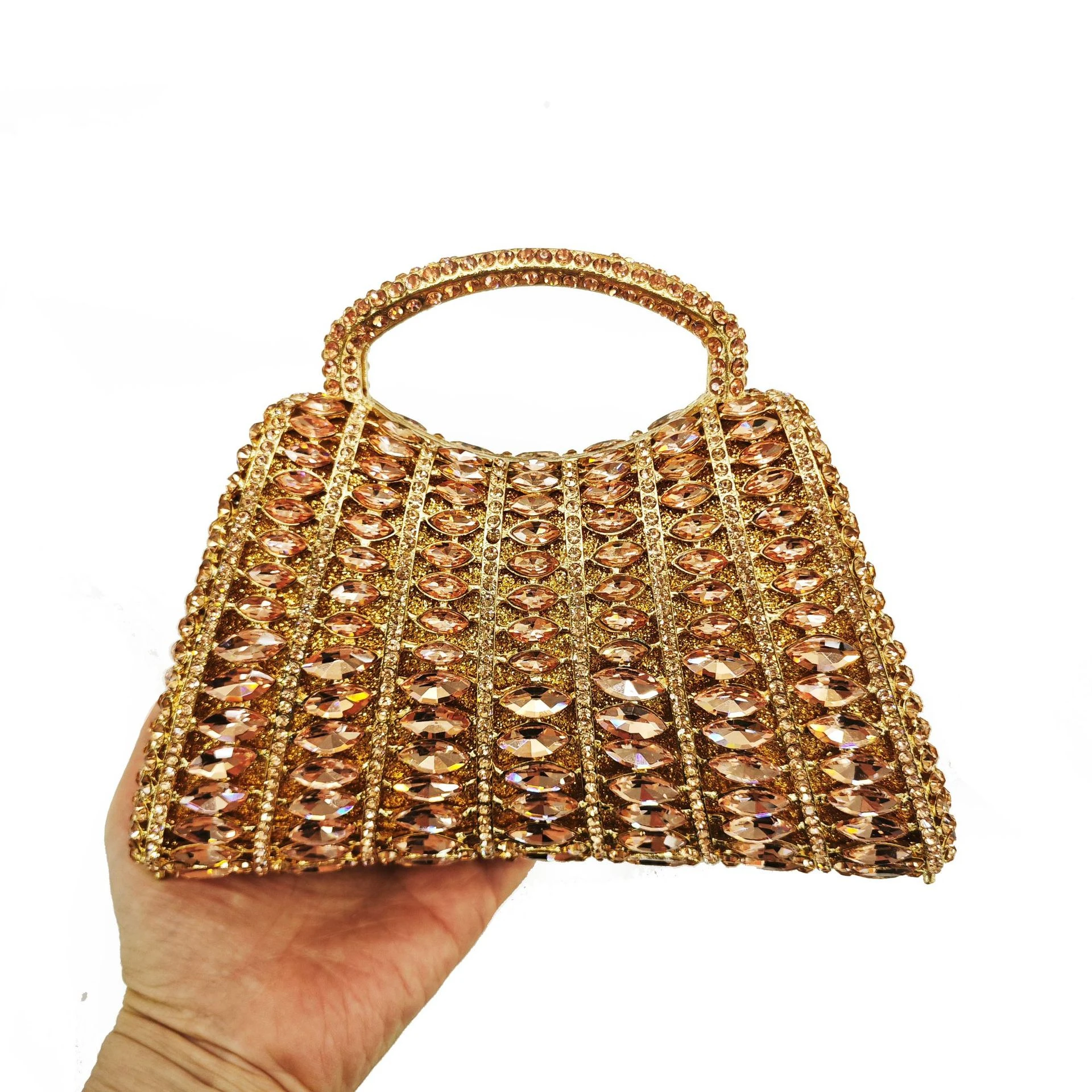 Champagne Big Stone Evening Bags Crystal Wedding Top-Handle Bag Women Gorgeous Rhinestone Metallic Party Clutch Purses Handbags