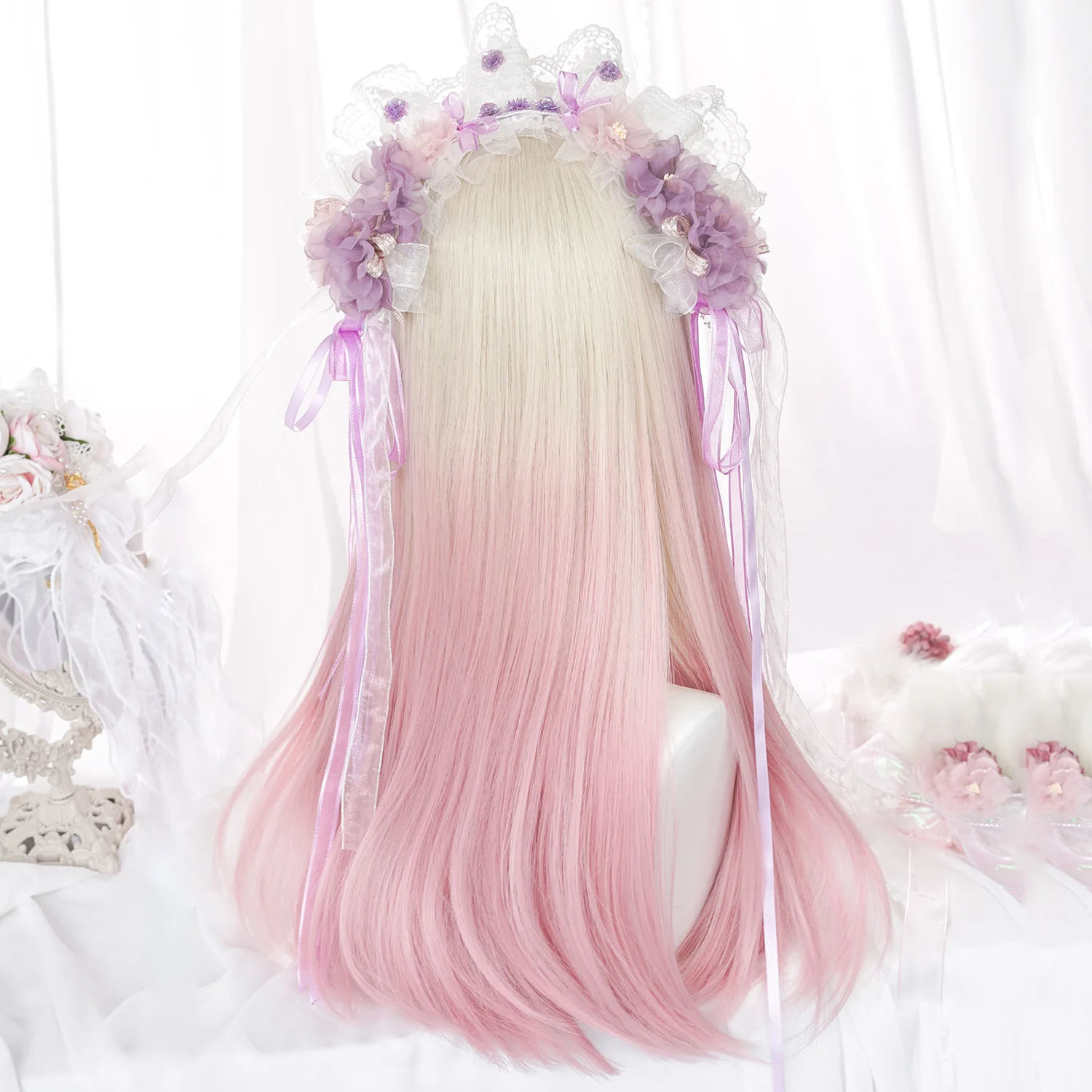 HANEROU Women Synthetic Lolita Wigs With Bangs Ombre Two Tone Beige Blonde Pink Long Straight Wig For Cosplay