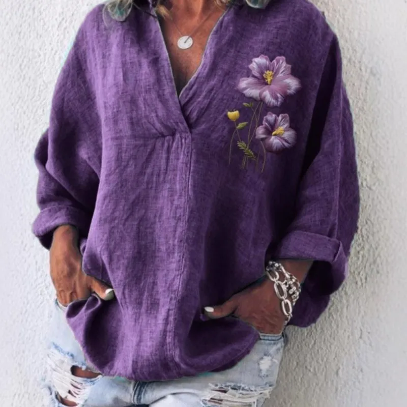 Dames casual los overhemd mode paars v-hals lange mouw trui shirts katoen linnen tops vakantie dameskleding zomer