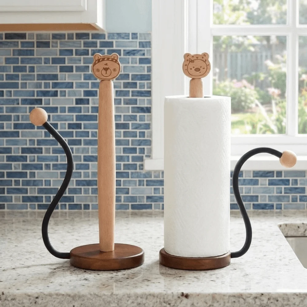 Free Standing Wooden Roll Paper Towel Holder One-handed Tear Stable Vertical Napkins Rack Cartoon Bear Decorative Tissue Stand