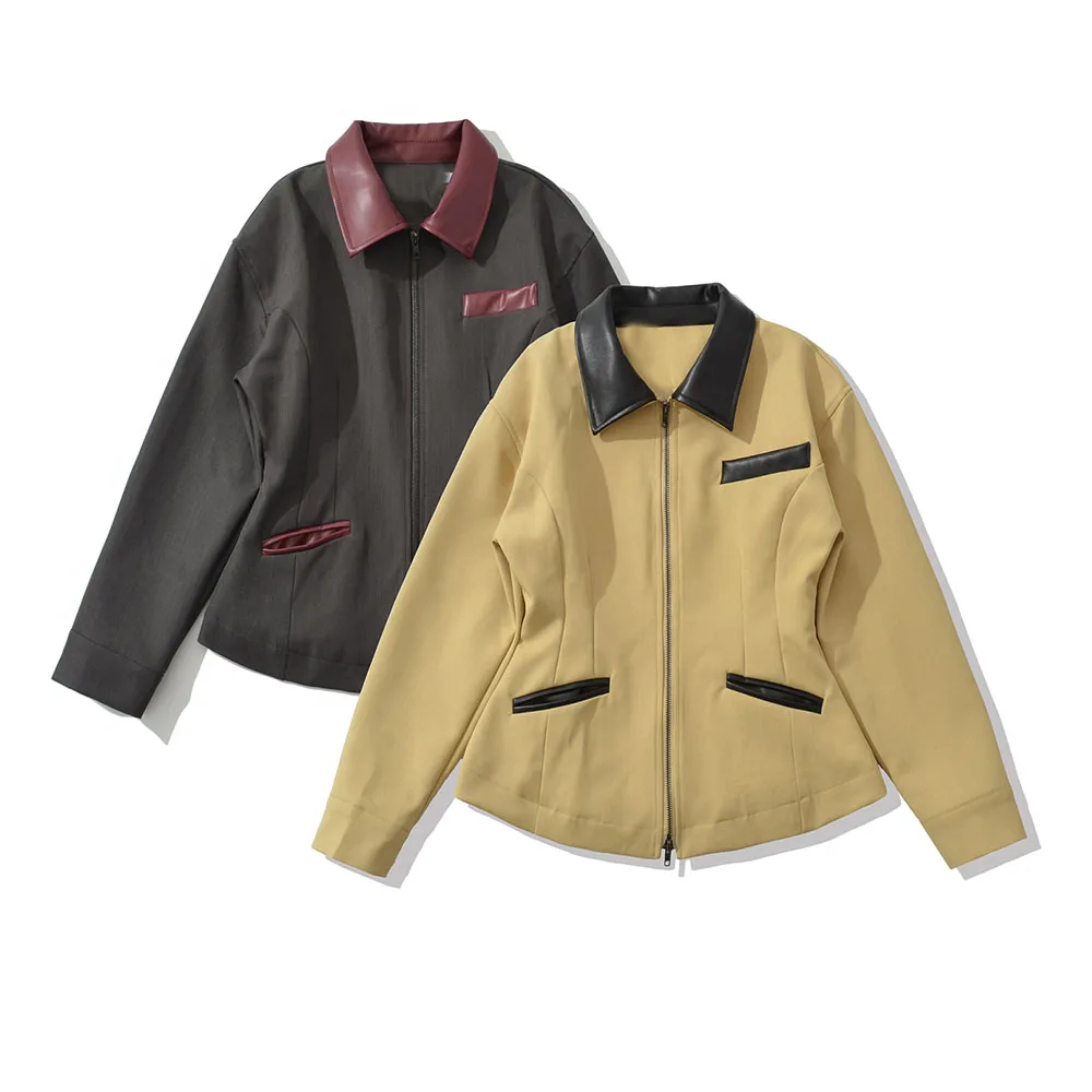 

DiYiG Women Autumn 2025 New Fashion Imitation Leather Stitching Jacket Chic Lapel Zipper Slim Fit Jacket Outerwear Mujer