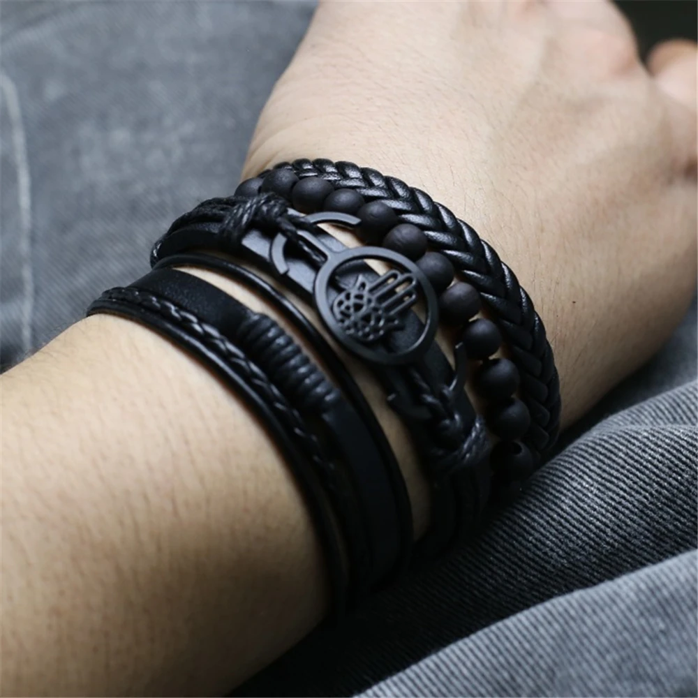 Black Brown Leather Bronze Motorcycle Green Leaf Feather Guitar Charm Wood Beads Men Bracelets For Women Homme  Male Jewelry