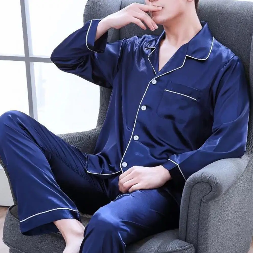 New Elegant Satin Men\'s Pajama Sets Long Button Sleepwear Male Sleeping Home Clothes Silk Night Wear Pijama Big Size Loungewear