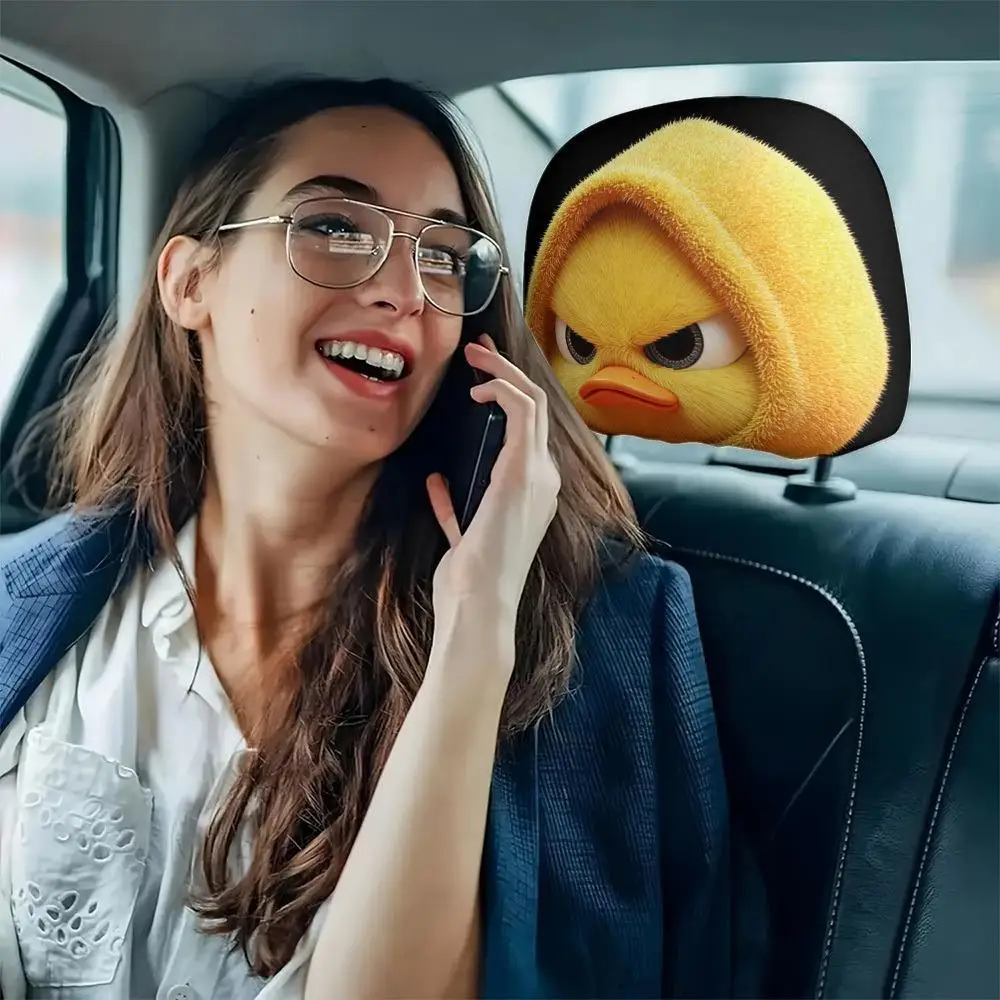 2Pcs Cute Car Headrest Covers Grumpy Hooded Yellow Duck Funny Angry 2D Print Soft Elastic Fabric Interior Decoration