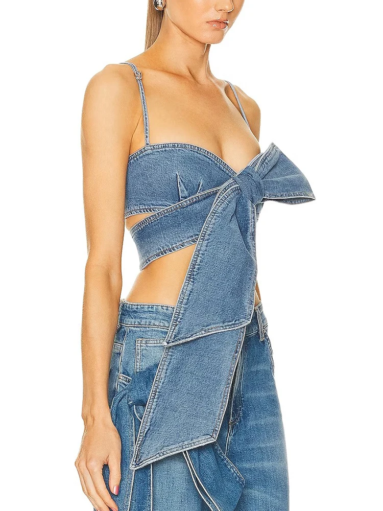 VGH Solid Patchwork Bowknot Backless Denim Tank Tops Strapless Sleeveless Hollow Out Minimalist Slimming Vests Female Fashion