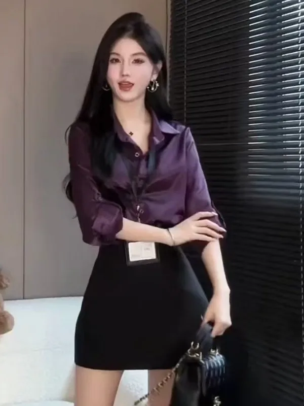 

Женская атласная блузка Ele с длинным рукавом, свободного кроя, с эффектом стройности, роскошная на ощупь, весна-осень, новая модель, с воротником и пуговицами