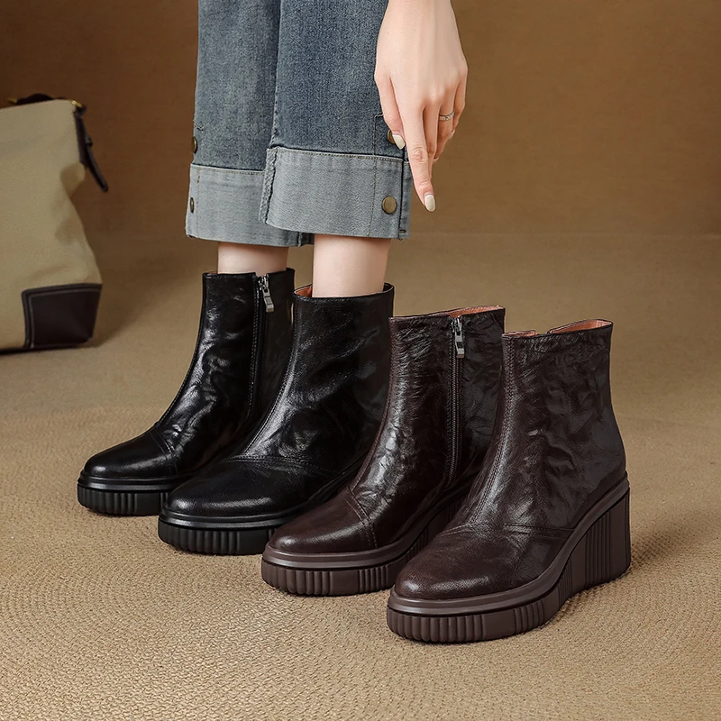 2026 new winter women ankle boots natural leather plus size 22-25.5cm sheepskin round toe wedges retro side zip short boots