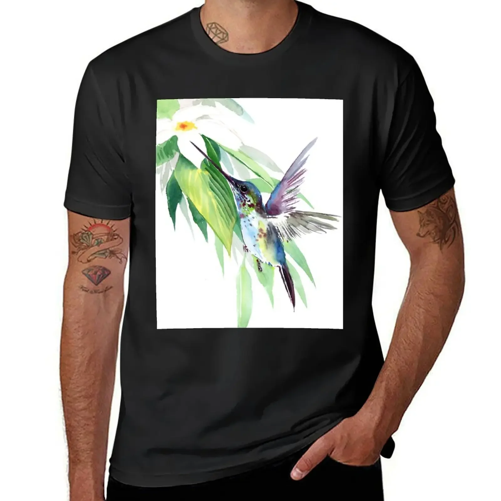 Humminbgbird in Flight and White Flower T-Shirt graphic tee shirt blue archive mens cotton t shirts