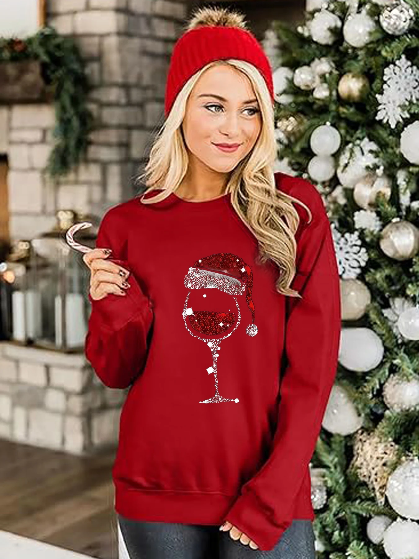 Hot Christmas Wine Glasses Pattern Printed Hoodless Fashion Red Black Green Sweatshirt, Women's Hundred Tops Pullover