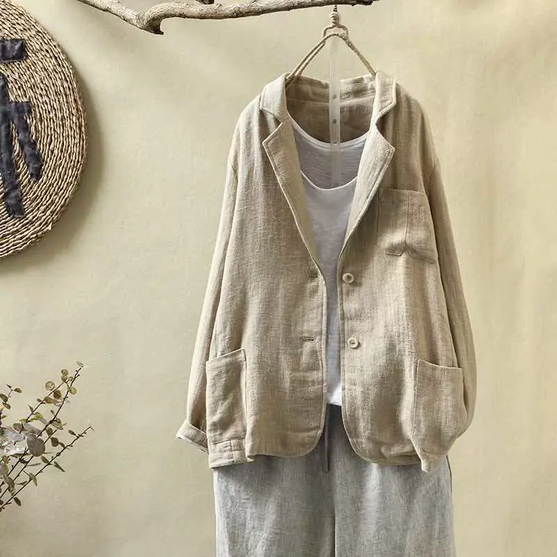 

New Literary Sle Loose Casual Women's Small Suit Outer Long Sve Single Button Pure Color Spring Faion Ladies' Suit