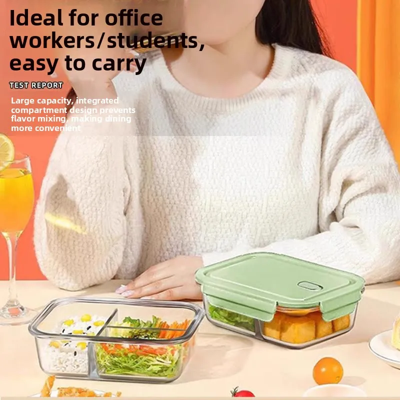 Microwave Safe Glass Lunch Box with Lid Freshness Preservation Container for Office Workers Three Compartment Stackable Set view 5