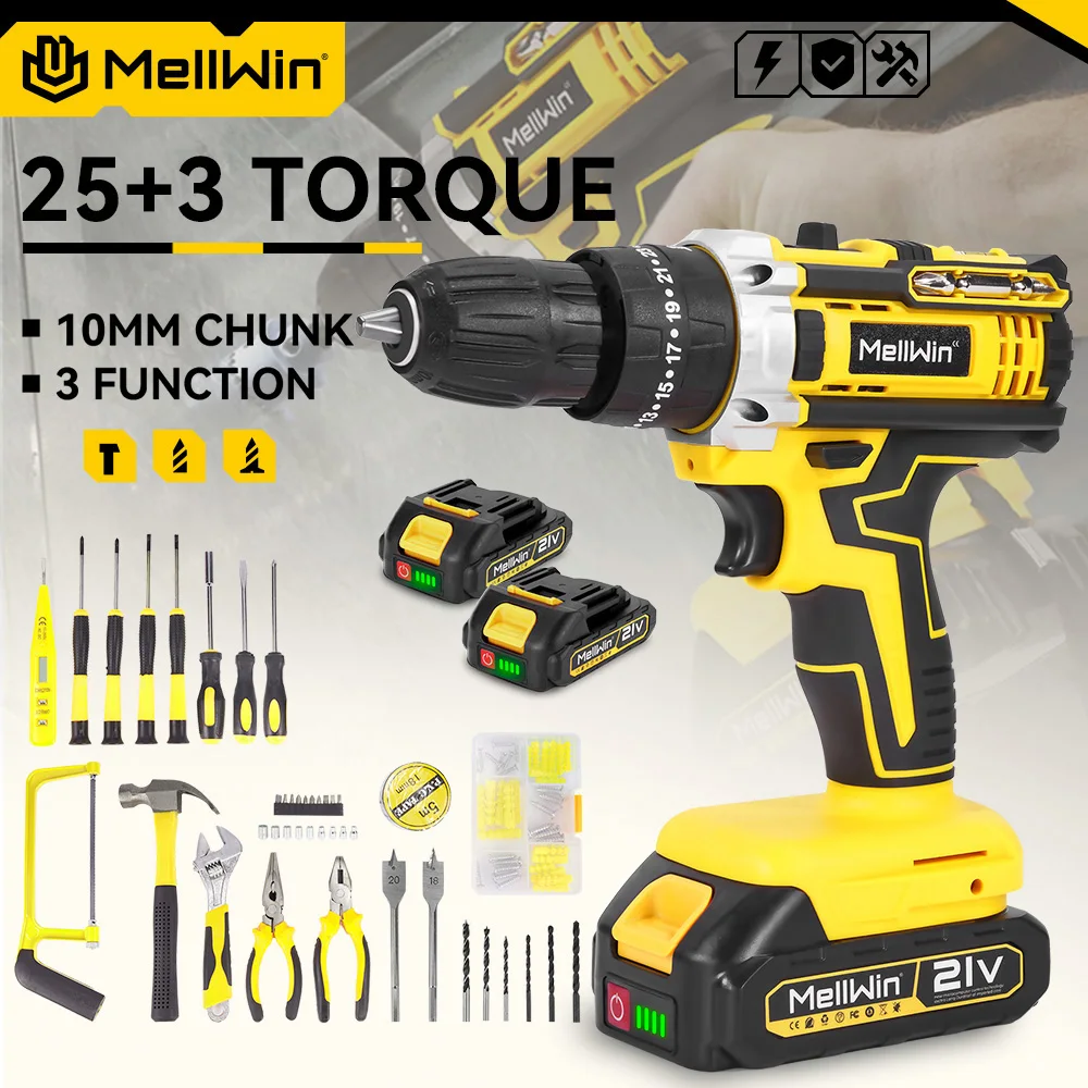 MELLWIN 25+3 Drehmoment-Akku-Schlagbohrschrauber 2-Gang-Einstellbarer Elektroschrauber-Werkzeugsatz für Makita 18V Akku