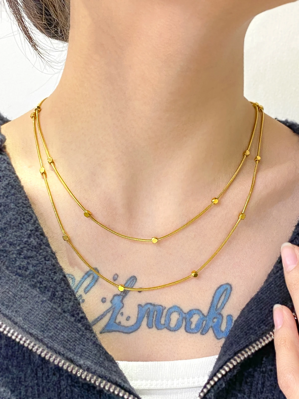Double Layer Necklace Minimalist Stainless Steel Chain Gold Silver Two Tone Layered Choker Collarbone Necklace Jewelry Gift