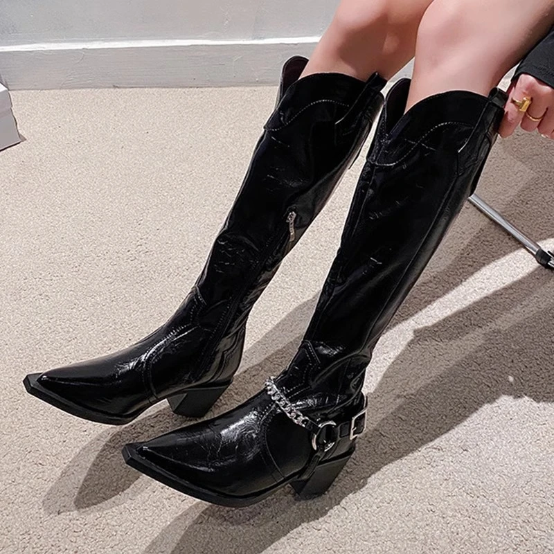 But Knee-length Boots Female 2023 Fall New British Style Thick Heel Chain Pointed Head V Mouth Western Knight High Boots