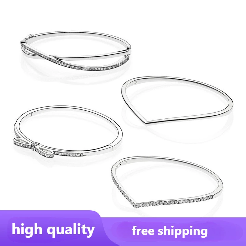 

S925 Sterling Silver Skeleton Bow Bangle for Women 2024 Trend Shiny Zirconia Charm Heart Bracelet Party Gift Women's Jewelry