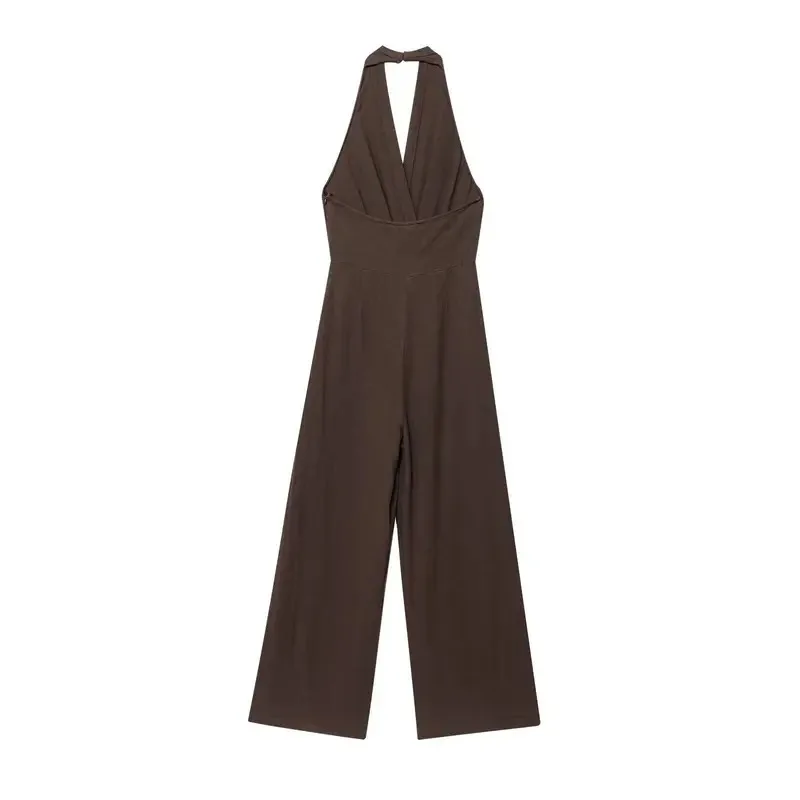 

Retro High Street Women's Backless Belted Ramie Long Jumpsuit Summer Fashion Sling for Commuting And Vacation