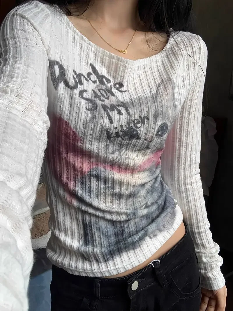 American Texture Cat Printed Long Sleeve T-shirt Women Tops Spring