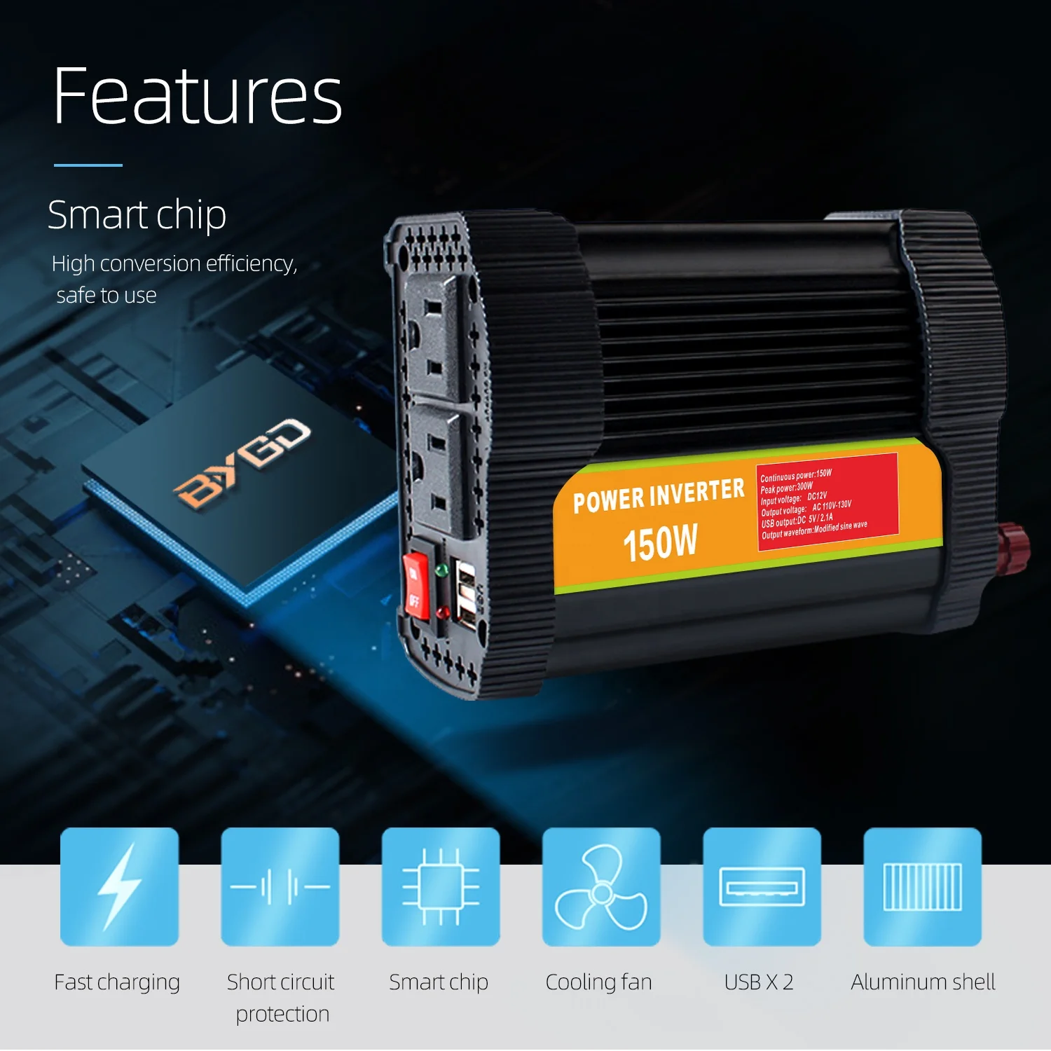 Portable Mini Car Inverter 150W Modified Sine Wave Universal 110v/220v DC AC 12v/24v Inverter Power Converter
