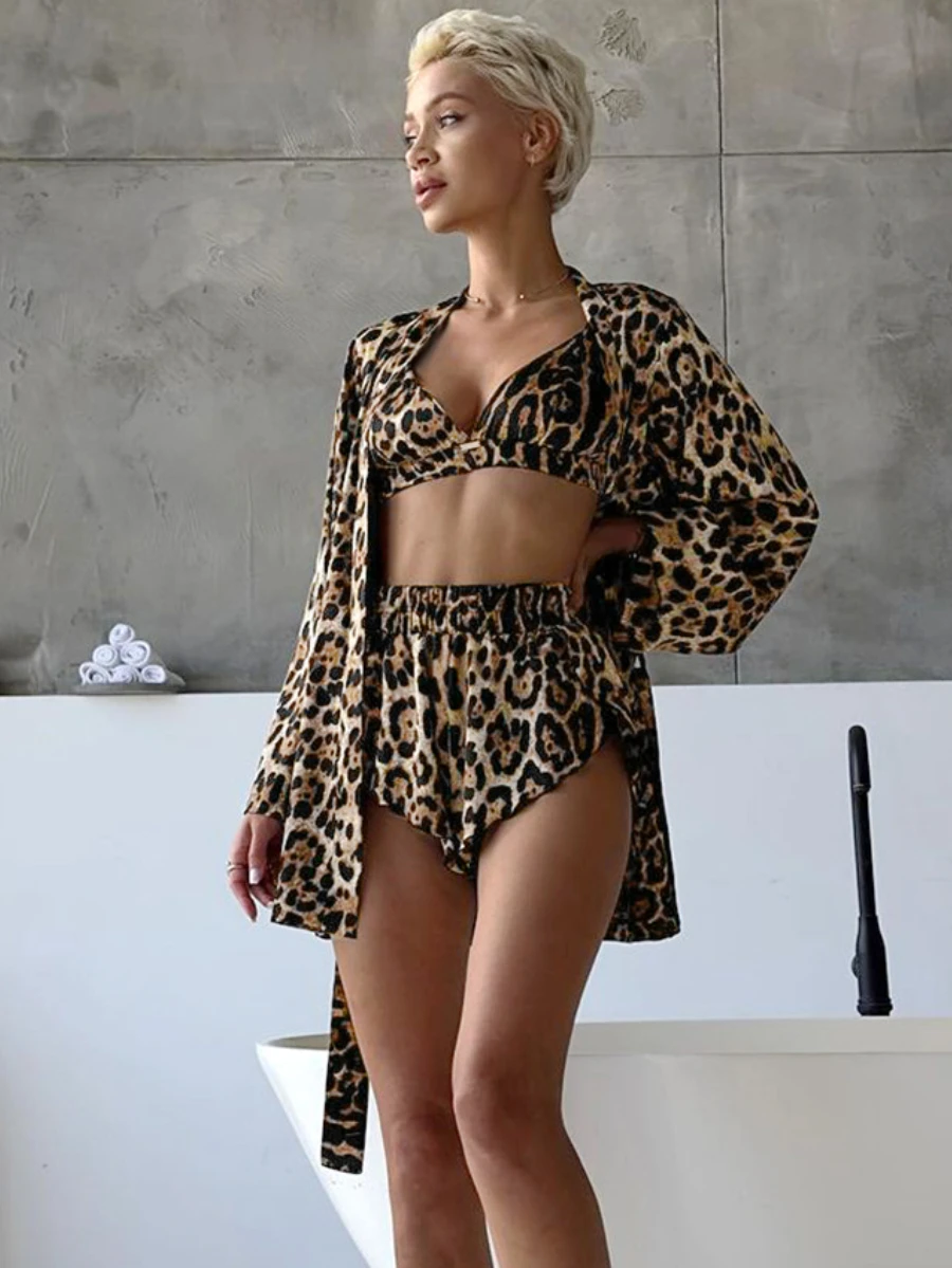 Mozuleva Summer Women\'s Shorts And Pajamas 3 Piece Set Leopard Print Loose Long Sleeved Underwear Shorts Fashion Home Clothing