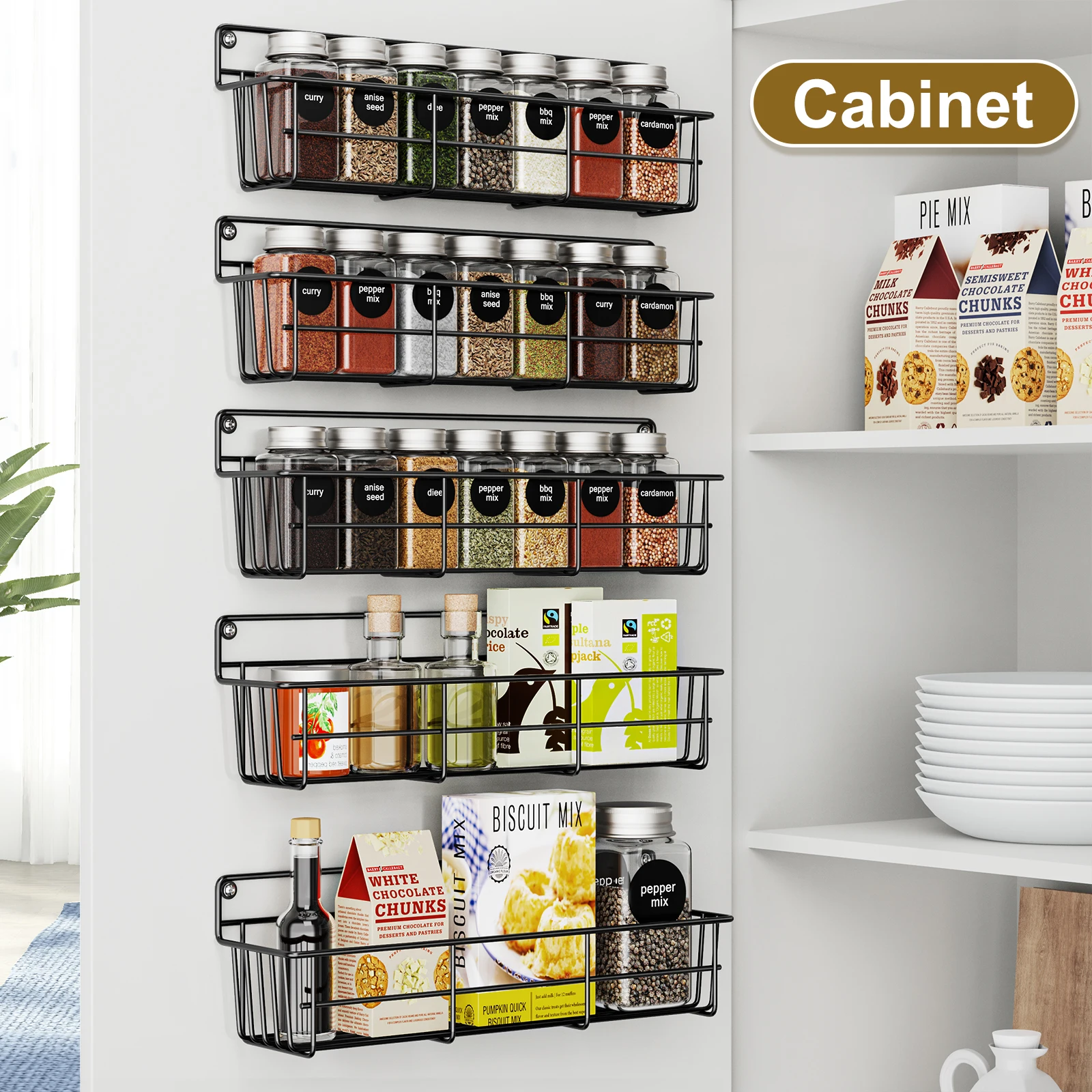 5pcs Wall Mounted Kitchen Shelves Black Metal Spice Storage Rack Hanging Pantry Seasoning Organizers Space Saving for Cabinet