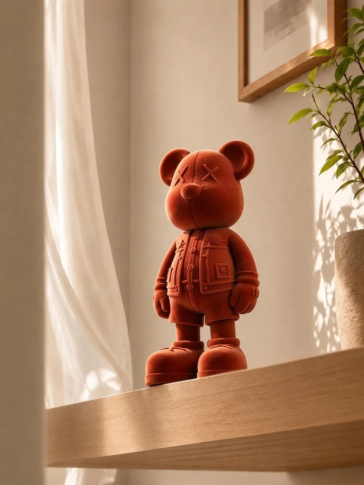 Flocked Cartoon Art Bear Figurine Resin Statue Desktop Ornament HomeDecor Living Room Art Craft Collectible Model Sculpture Gift