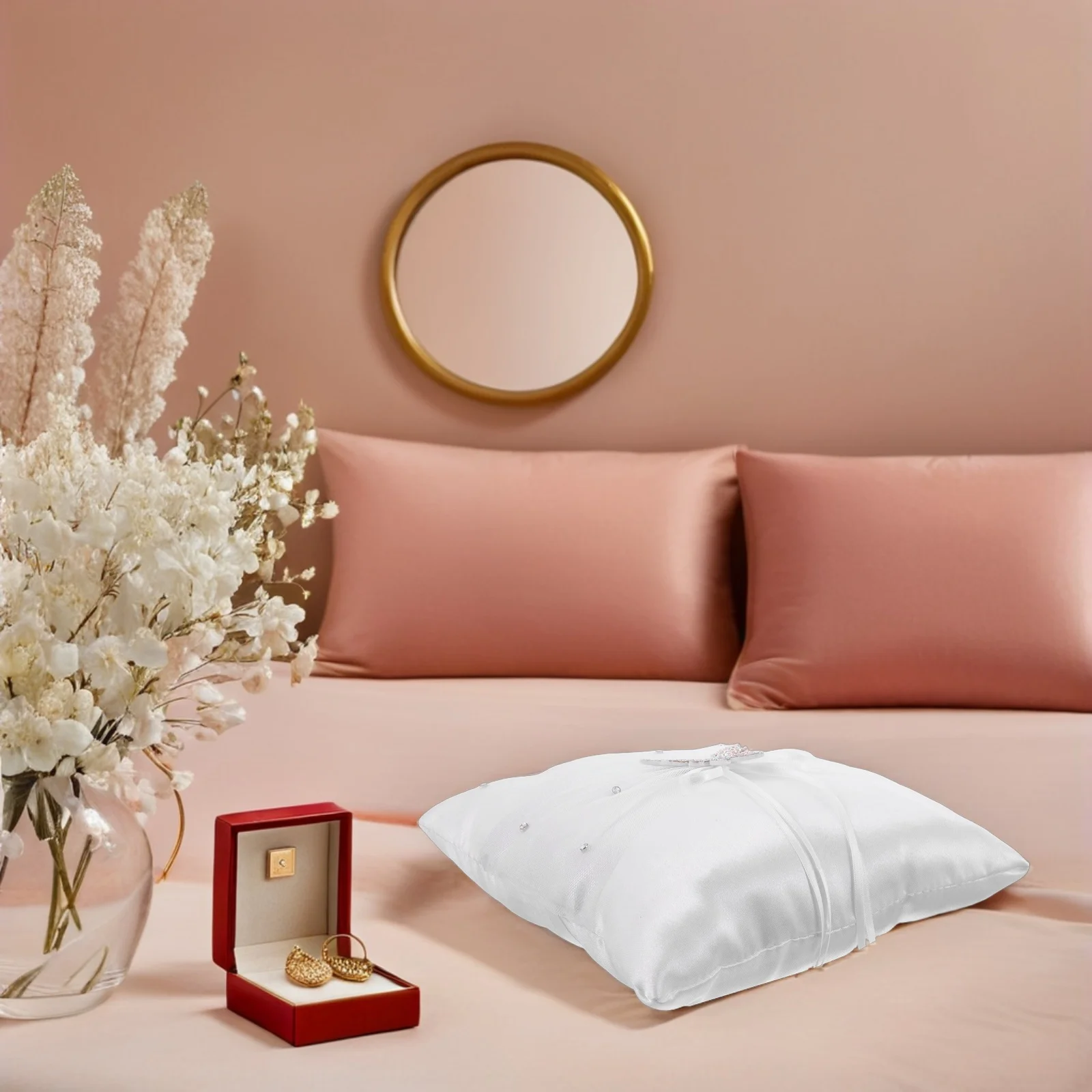 

Elegant White Satin Ring Pillow Rhinestone Bow Lace Design Classic Wedding Ceremony Accessory Bridal Party Decor Keepsake Gift