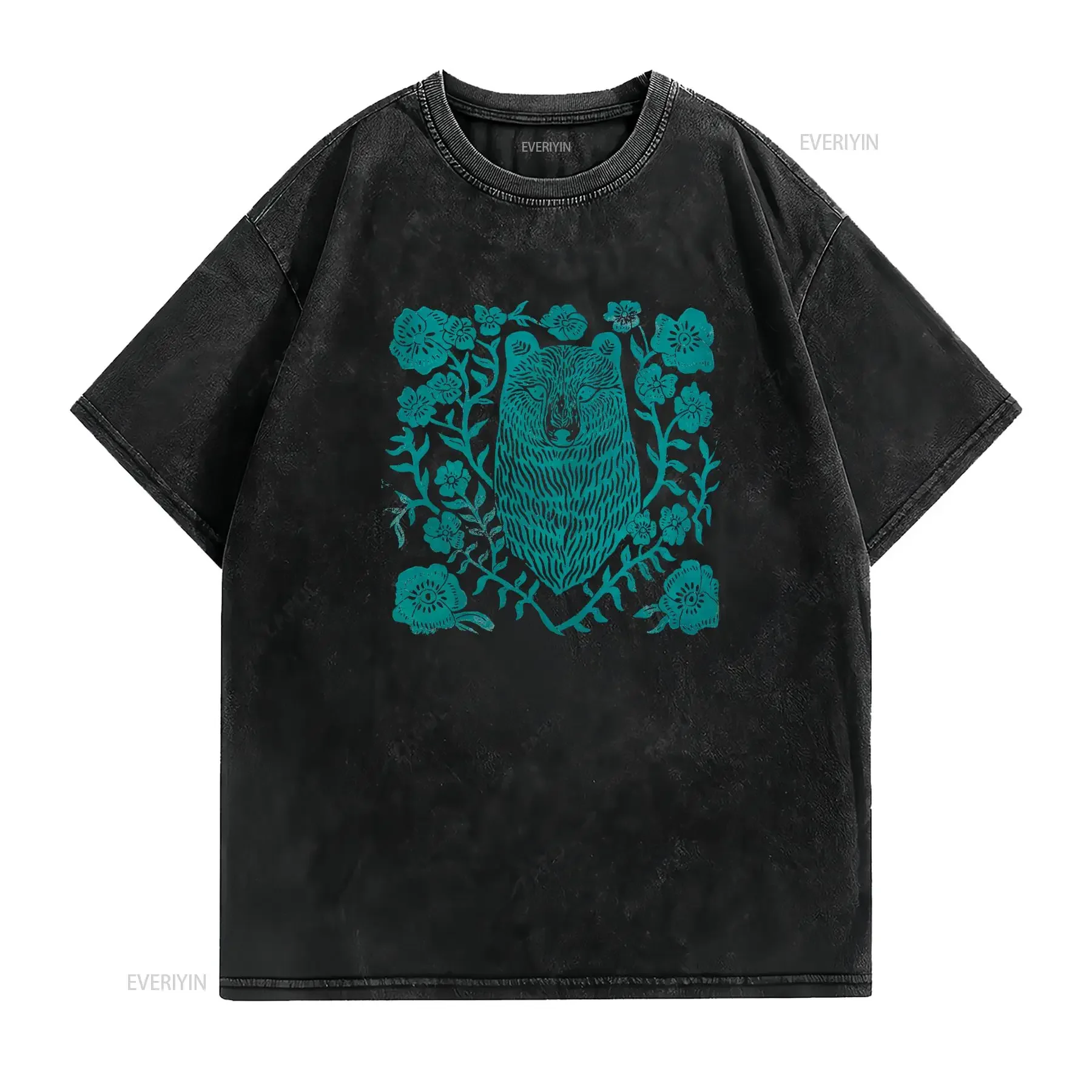 Turquoise Bear Flower T Shirt Rustic Faded Linocut Design Block Bohemian Hippie Yoga Apparel Woodland vintage Washed Versatile