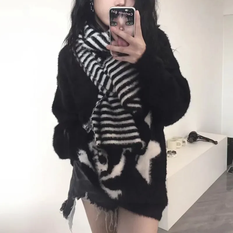 Harajuku Loose Mohair Pullover Emo Knitwear Y2k Subculture Black Gothic Skulls Sweater Grunge Aesthetics Knitted Jumper V-neck
