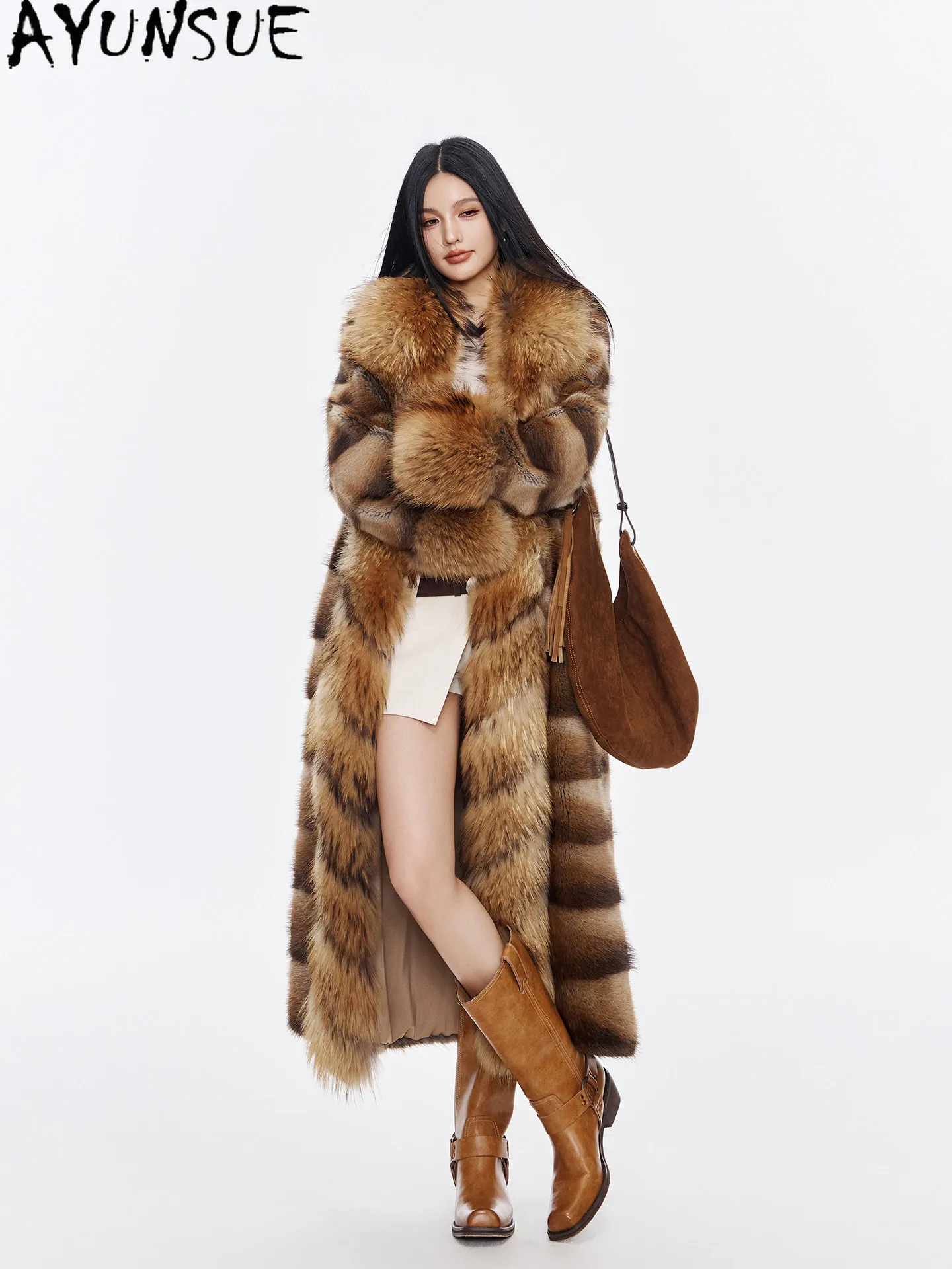 AYUNSUE Natural Mink Fur Coat Women Long Winter Jacket Whole Qinggen Mink Womens Coats Luxury Clothes Warm Raccoon Fur Collar
