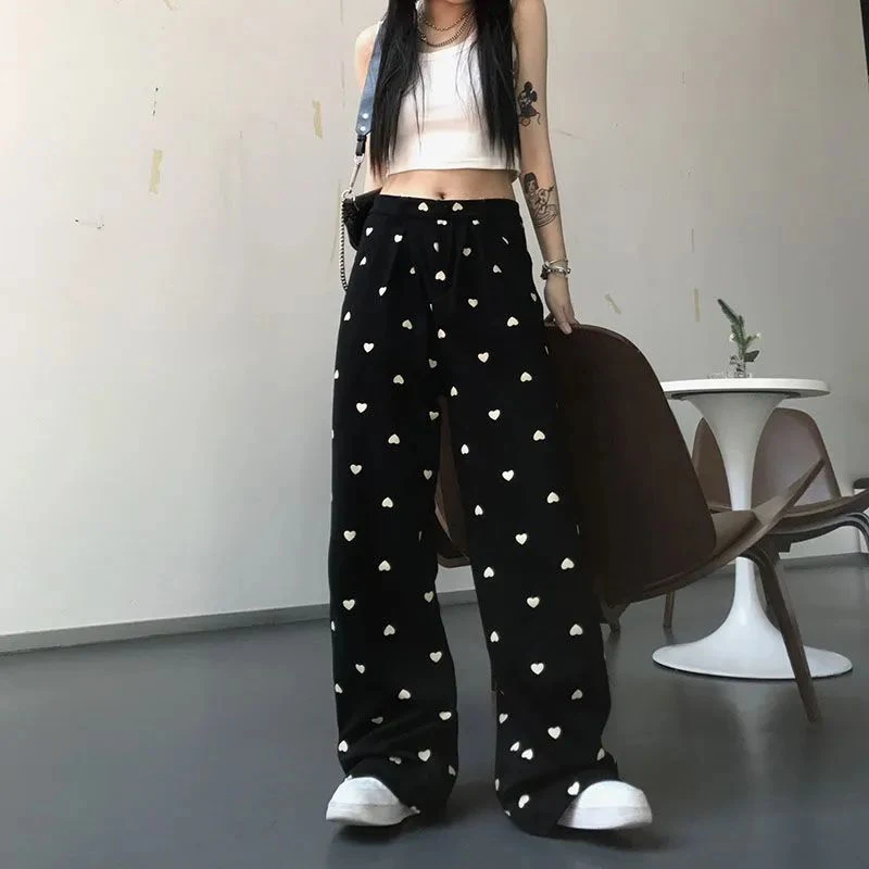 Fashionable Casual Elastic High-Waisted Black Love Wide-Leg Pants For Home And Outdoor Wear