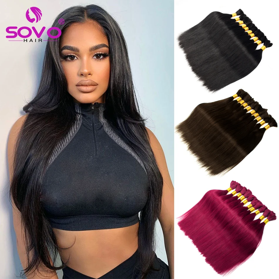 

SOVO 100% Human Hair Braiding Remy Hair Straight Bulk No Weft 100g Bundles 613 Black Natural Braiding Hair Extensions