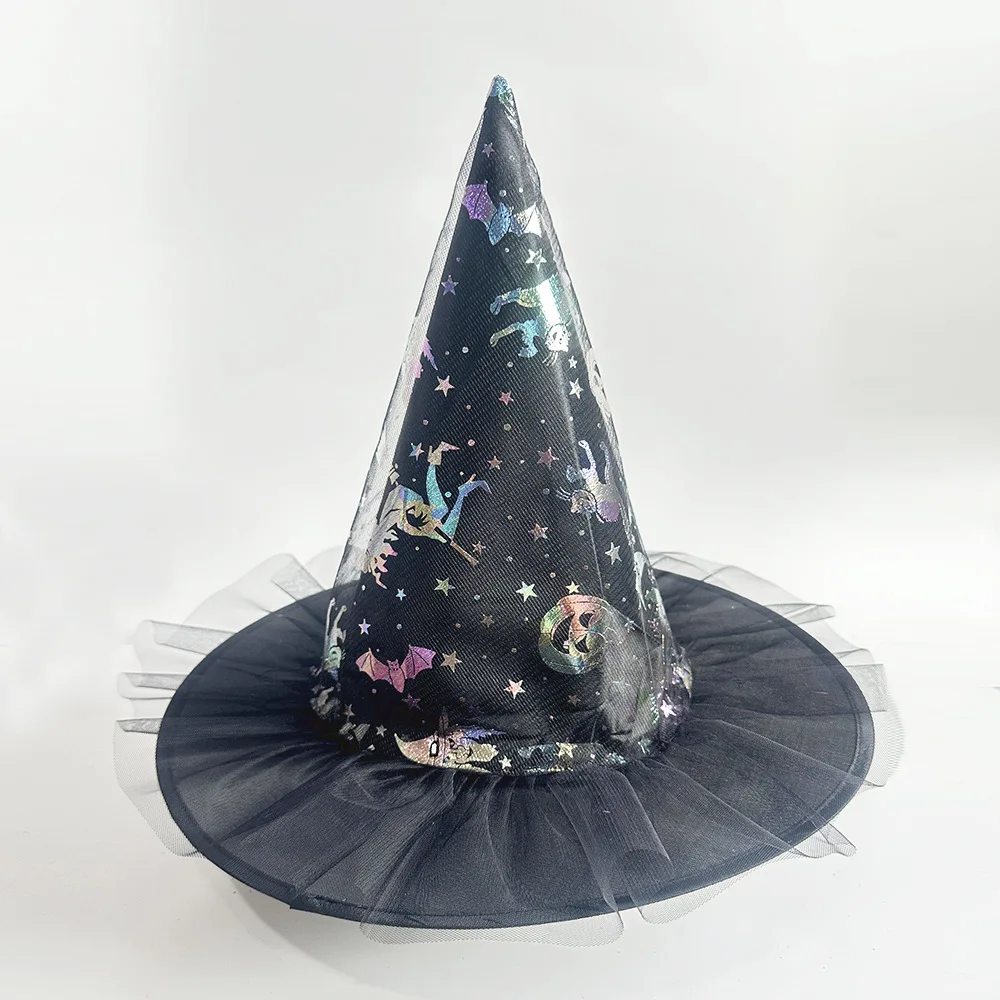 Ghost Festival Witch Hat Halloween Mesh Print Witch Hat Masquerade Wizard Hat Cosplay Costume Party Decor
