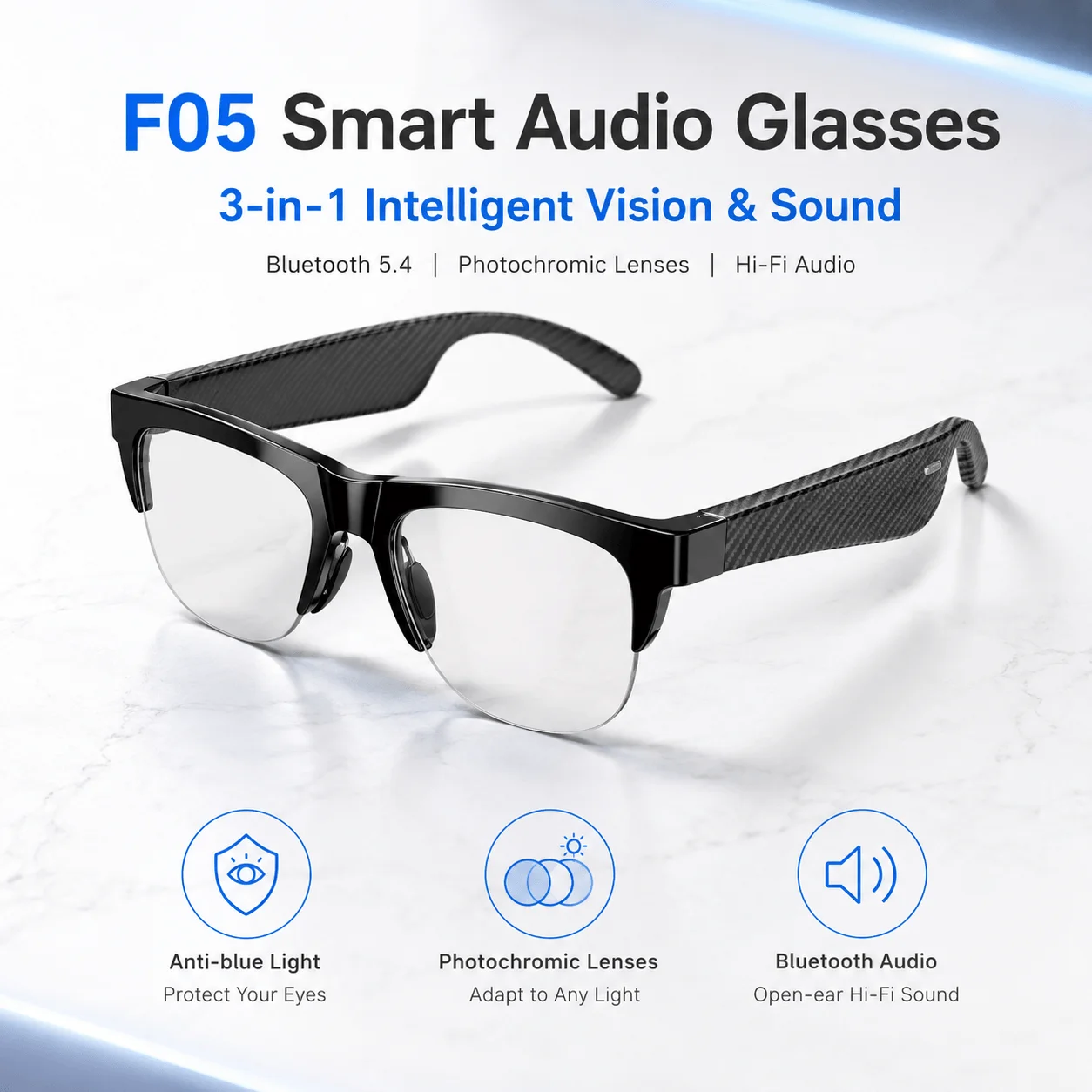 Blue Light Blocking Smart Audio Glasses - Bluetoothスマートグラス ブルーライトカット UVカット ワイヤレスオーディオ通話 音声アシスタント タッチコントロール