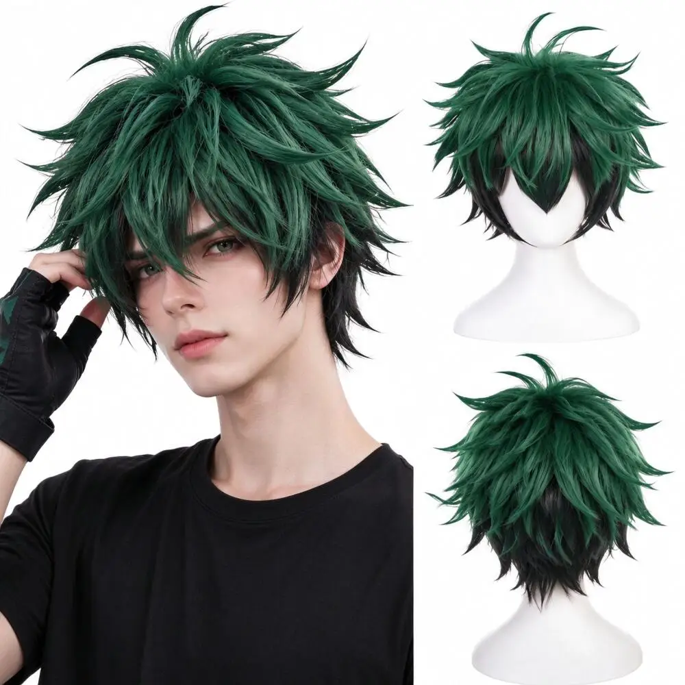 Green Black Short Spiky Synthetic Cosplay Wig for Men Women Anime Costume Party Halloween Roleplay Festival Fancy Dress Event