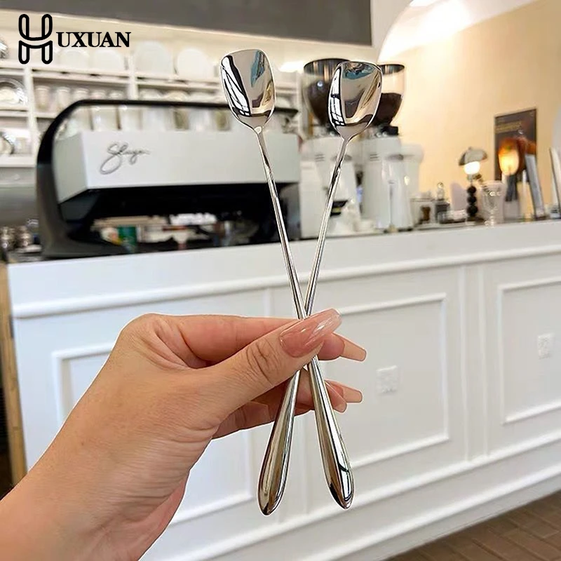 Stainless Steel Spoon Korean Long Handle Tableware Thicken Stirring Ice Spoon Meal Spoon Household Dinner Spoon