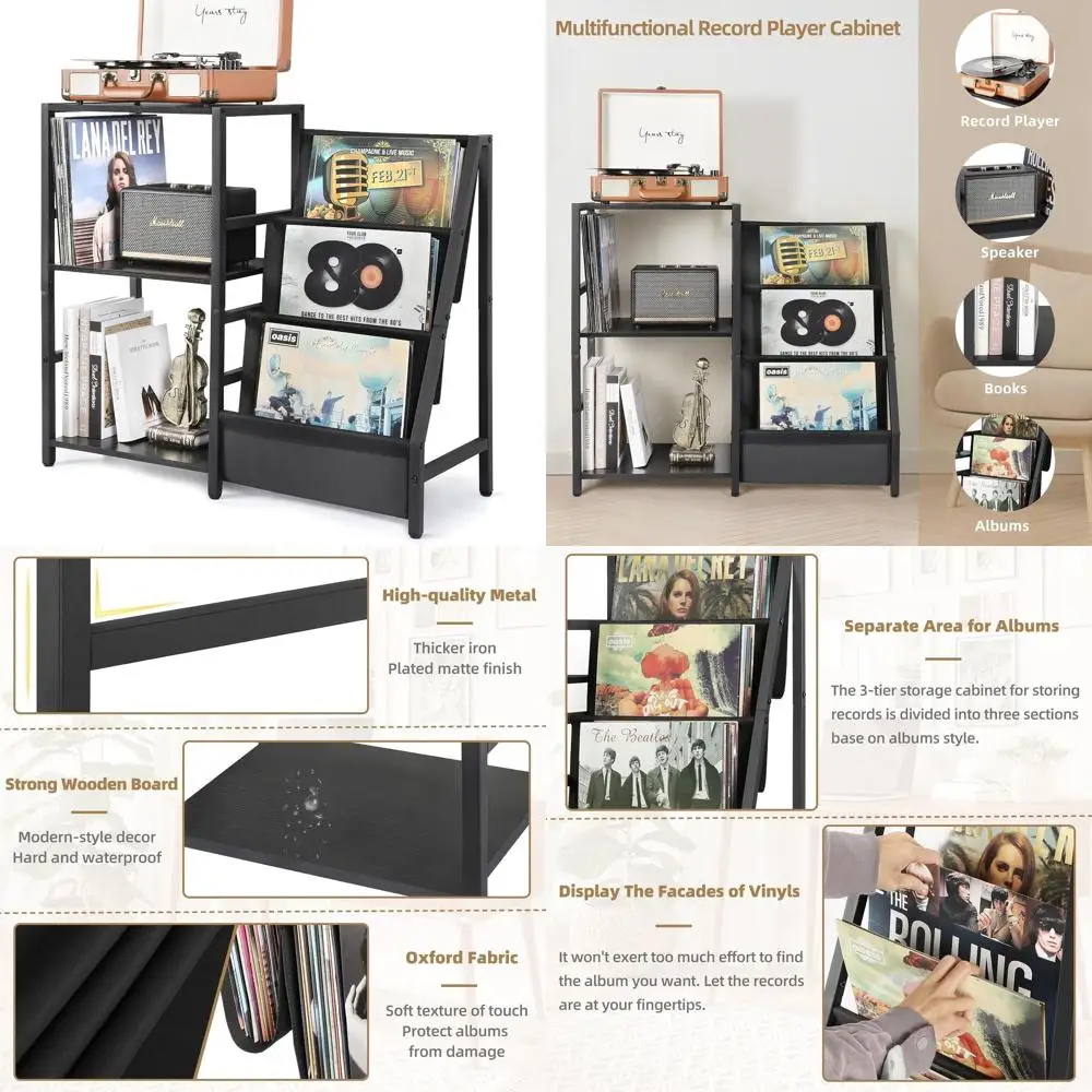 3-Tier Vinyl Storage Stand for Record Players, Holds Up to 200 Albums, Compact End Table for Record Enthusiasts