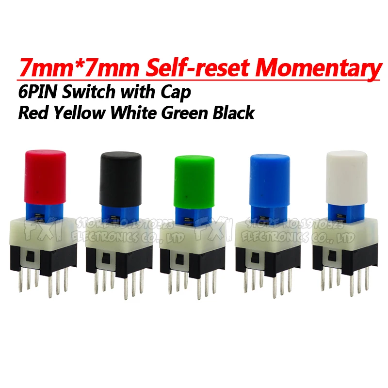10Sets = 20PCS 7*7mm with cap Self reset Momentary Push Tactile Power Micro Switch Kit 6 Pin Button Switches 7*7mm